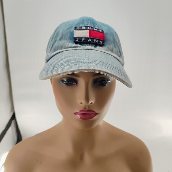 Tommy Jeans Other - Vtg Tommy Hilfiger Jeans Adjustable Denim Baseball Flag Logo Cap Hat Leather Str